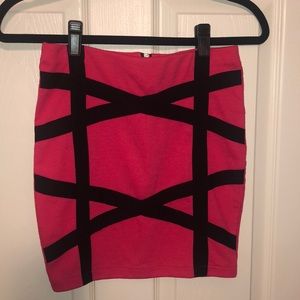 Hot pink mini skirt.